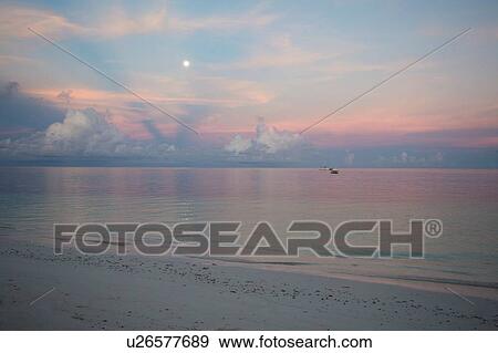 Stock Photo - View of beach and calm sea at dawn. Fotosearch