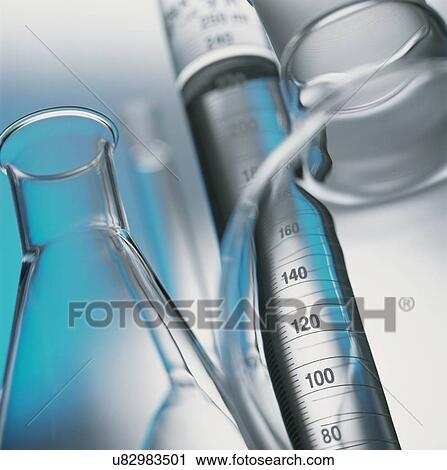 Stock Image - Volumetric laboratory glassware used in a chemistry lab, close-up. Fotosearch