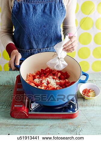 Woman preparing tomato ketchup recipe step 1, chopped tomatoes and bouquet garni View Large Photo Image Stock Image - Woman preparing tomato ketchup recipe step 1, chopped tomatoes and bouquet garni. Fotosearch
