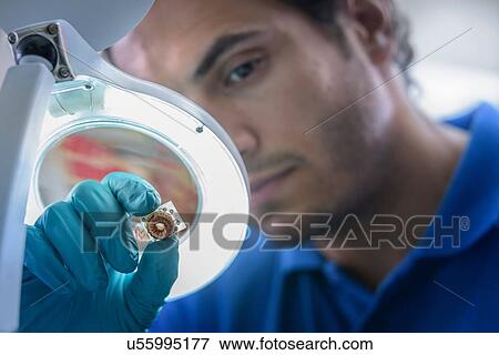 Stock Photo - Worker inspecting electronic component under magnifier in electromagnetics factory. Fotosearch