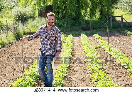 Picture - Young man holding hat standing in vegetable garden looking at camera smiling. Fotosearch