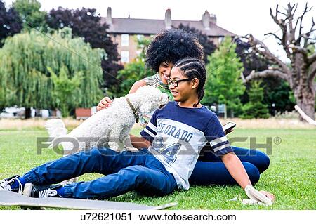 Boy and mother playing with dog in park View Large Photo Image Stock Image - Boy and mother playing with dog in park. Fotosearch