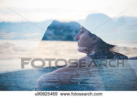 Double exposure of woman looking out at Lake Lugano, Switzerland View Large Photo Image Stock Photo - Double exposure of woman looking out at Lake Lugano, Switzerland. Fotosearch