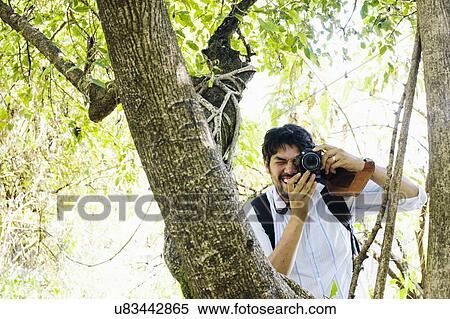 Stock Photography - Mid adult man photographing from tree, Zambia. Fotosearch