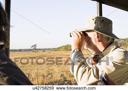 Stock Photo - Senior man looking out through binoculars on safari, Kafue National Park, Zambia. Fotosearch