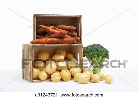 Wood crates filled with fresh carrots and potatoes and broccoli View Large Photo Image Stock Image - Wood crates filled with fresh carrots and potatoes and broccoli. Fotosearch