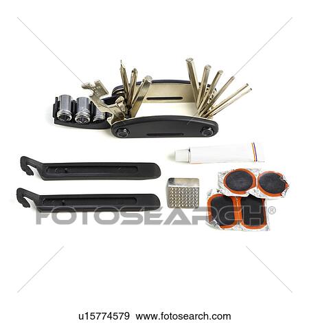 Stock Illustration - Bicycle repair kit against a white background.. Fotosearch