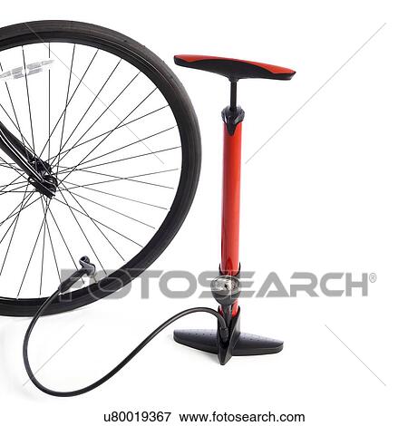 Stock Illustration - Bicycle wheel and bicycle pump against a white background.. Fotosearch