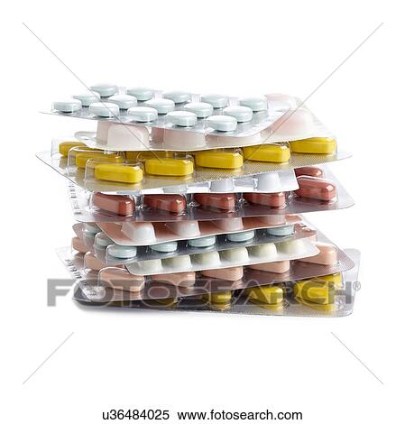 Stock Illustration - Blister packs containing various tablets against a white background.. Fotosearch