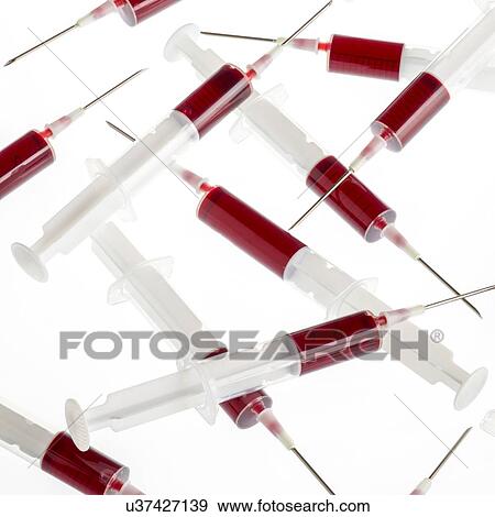 Stock Illustration - Blood samples in syringes against a white background.. Fotosearch