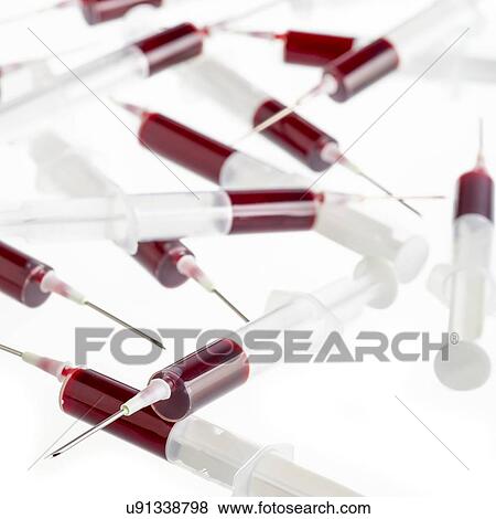 Blood samples in syringes against a white background. View Large Illustration Stock Illustration - Blood samples in syringes against a white background.. Fotosearch
