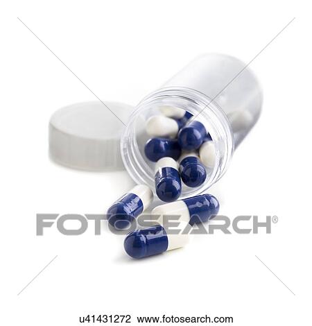 Drawing - Blue and white capsules in a container against a white background.. Fotosearch