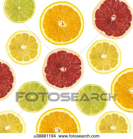 Stock Illustration - Citrus fruit slices against a white background.. Fotosearch