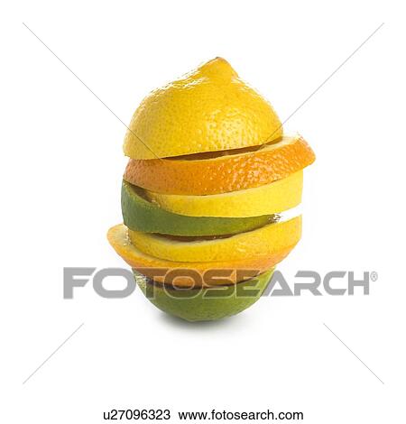 Citrus fruit slices in a stack against a white background. View Large Illustration Drawing - Citrus fruit slices in a stack against a white background.. Fotosearch