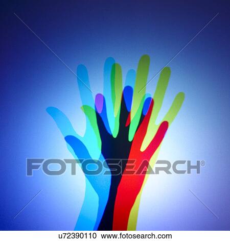 Clipart - Coloured lights shining onto a person's hand and mixing.. Fotosearch