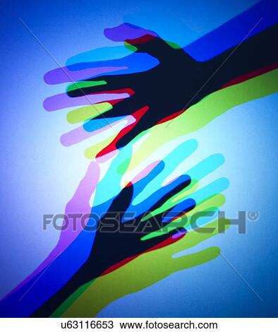Drawing - Coloured lights shining onto people's hands and mixing.. Fotosearch