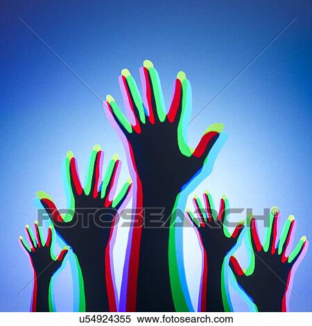 Stock Illustration - Coloured lights shining onto people's hands and mixing.. Fotosearch