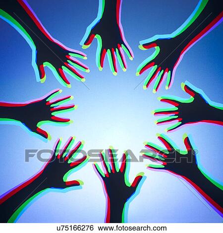 Stock Illustration - Coloured lights shining onto people's hands and mixing.. Fotosearch