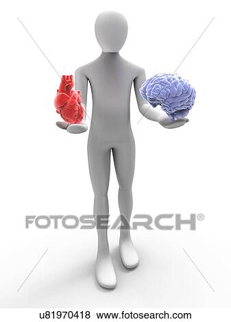 Stock Illustration - Computer artwork of a 3d human with heart and brain in his hands.. Fotosearch