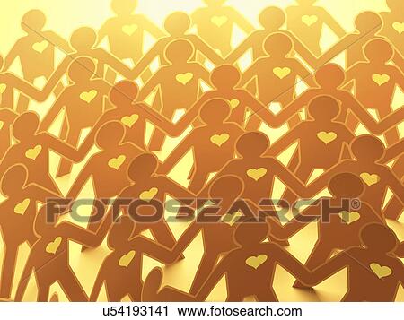 Clip Art - Crowd of paper people with heart symbols, illustration.. Fotosearch