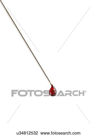 Drop of blood on the end of a syringe needle. View Large Illustration Drawing - Drop of blood on the end of a syringe needle.. Fotosearch