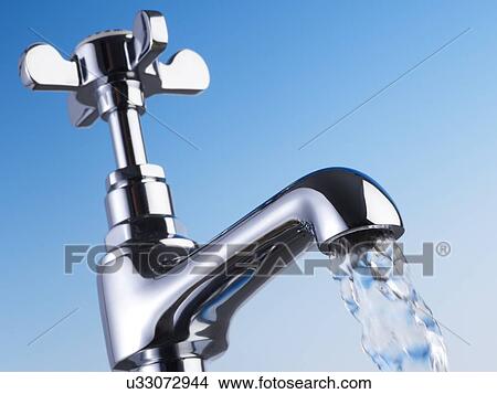 Stock Illustration - Metal tap and flowing water against a blue background.. Fotosearch
