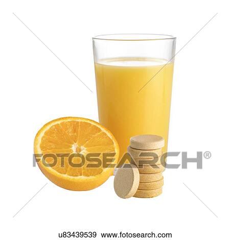 Stock Illustration - Orange juice, fresh orange and vitamin c tablets against a white background.. Fotosearch