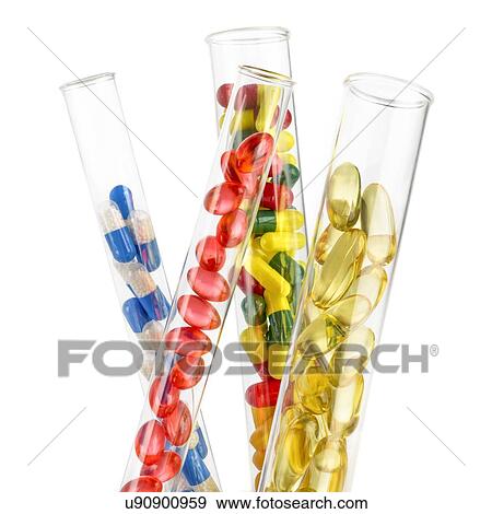 Pills and capsules in test tubes against a white background. View Large Illustration Stock Illustration - Pills and capsules in test tubes against a white background.. Fotosearch