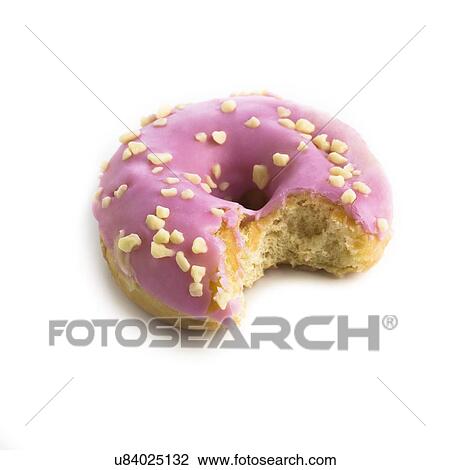 Drawing - Pink doughnut with a missing bite against a white background.. Fotosearch