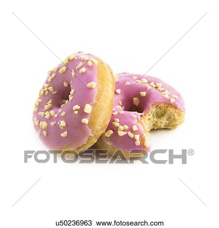 Drawing - Pink doughnuts, one with a missing bite against a white background.. Fotosearch
