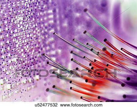 PROPERTY RELEASED. Fibre optics carrying data passing a computer circuit board. View Large Illustration Drawing - PROPERTY RELEASED. Fibre optics carrying data passing a computer circuit board.. Fotosearch