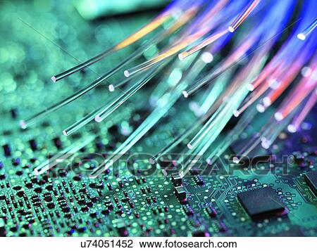 PROPERTY RELEASED. Fibre optics carrying data passing a computer circuit board. View Large Illustration Drawing - PROPERTY RELEASED. Fibre optics carrying data passing a computer circuit board.. Fotosearch