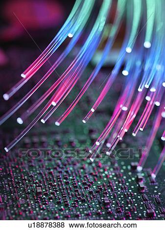 Stock Illustration - PROPERTY RELEASED. Fibre optics carrying data passing a computer circuit board.. Fotosearch