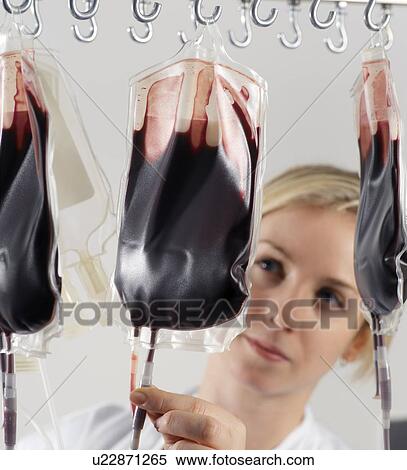 Stock Photography - PROPERTY RELEASED. MODEL RELEASED. Laboratory technician monitoring donor blood being separated into it's component parts in a laboratory.. Fotosearch
