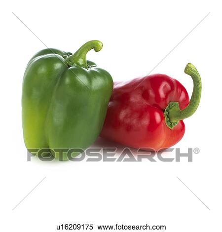 Stock Illustration - Red and green peppers against a white background.. Fotosearch