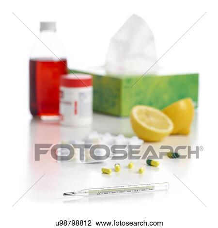 Drawing - Remedies for the common cold against a white background.. Fotosearch