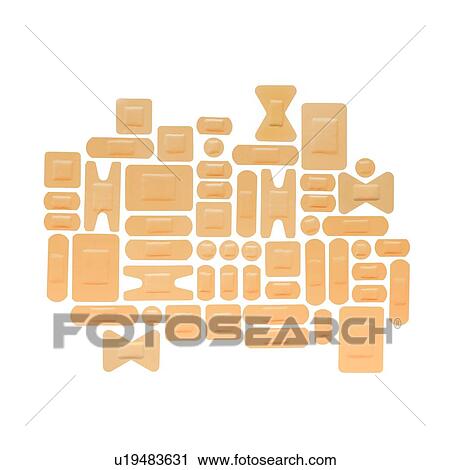 Selection of adhesive plasters against a white background. View Large Illustration Clip Art - Selection of adhesive plasters against a white background.. Fotosearch