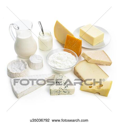 Drawing - Selection of dairy foods against a white background.. Fotosearch
