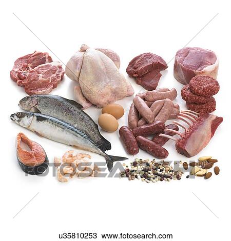 Drawing - Selection of fish and meats against a white background.. Fotosearch