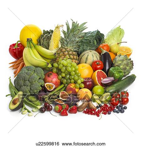 Stock Illustration - Selection of fresh fruit and vegetables against a white background.. Fotosearch