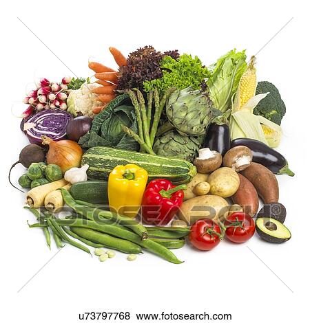 Selection of fresh fruit and vegetables against a white background. View Large Illustration Stock Illustration - Selection of fresh fruit and vegetables against a white background.. Fotosearch