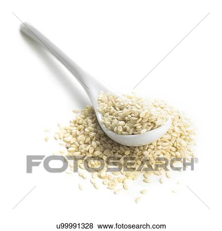 Stock Illustration - Sesame seeds and a spoon against a white background.. Fotosearch