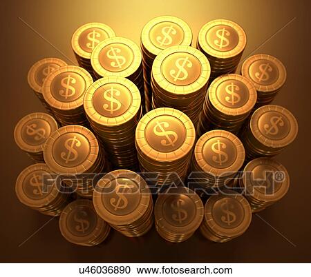 Stacks of gold coins, computer illustration. View Large Illustration Clipart - Stacks of gold coins, computer illustration.. Fotosearch
