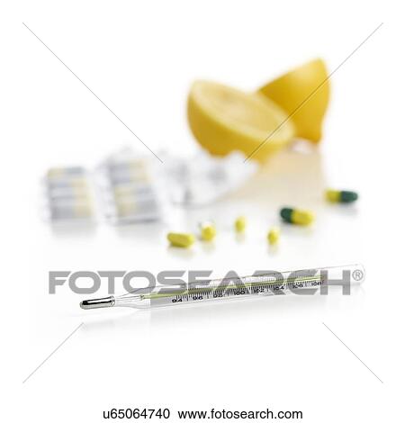 Thermometer and remedies for the common cold against a white background. View Large Illustration Clipart - Thermometer and remedies for the common cold against a white background.. Fotosearch
