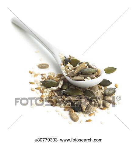 Drawing - Various seeds and a spoon against a white background.. Fotosearch