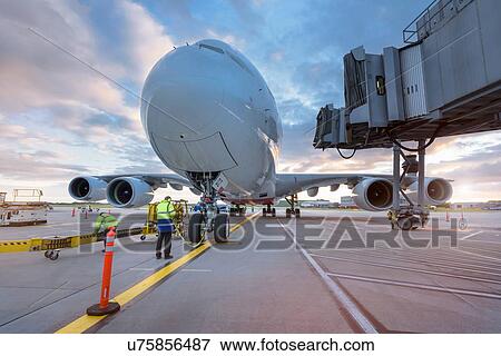 Stock Photo - A380 aircraft on stand at airport. Fotosearch