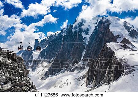 Elevated view of cable cars over snow covered valley at Mont blanc, France View Large Photo Image Stock Photograph - Elevated view of cable cars over snow covered valley at Mont blanc, France. Fotosearch