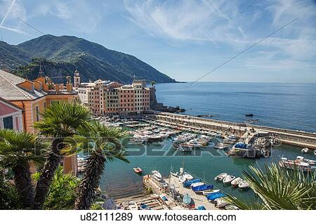 Stock Photo - Elevated view of harbor and fishing boats, Camogli, Liguria, Italy. Fotosearch