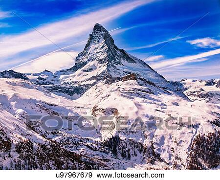 Elevated view of snow covered Matterhorn, Zermatt, Switzerland View Large Photo Image Stock Photo - Elevated view of snow covered Matterhorn, Zermatt, Switzerland. Fotosearch