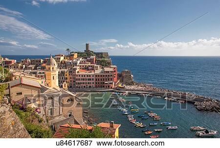 Elevated view of Vernazza village and harbor, Cinque Terre, Italy View Large Photo Image Stock Photo - Elevated view of Vernazza village and harbor, Cinque Terre, Italy. Fotosearch